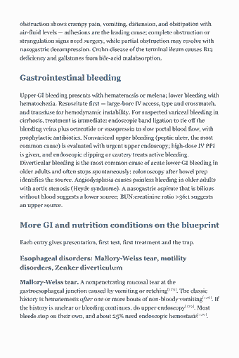 Page 87 of the PANCE Study Guide — 2026 Edition PDF — Chapter 5. Gastrointestinal and Nutritional Disorders Biliary disorders: obstruction shows crampy pain, vomiting, distension, and obstipation with air-fluid levels — adhesions are the leading cause; complete obstruction or…