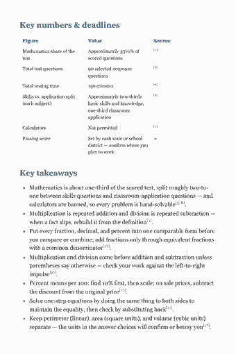 Page 56 of the ParaPro Assessment Study Guide — 2026 Edition PDF — Chapter 2 — Mathematics: Key numbers & deadlines Figure Value Source [3] Mathematics share of the Approximately 33⅓% of test scored questions [8] Total test questions 90…