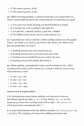 Page 61 of the ParaPro Assessment Study Guide — 2026 Edition PDF — Chapter 2 — Mathematics: C. The mean is greater, at 86. D. The mean is greater, at 90. 20. While reviewing fractions, a student insists that 4/6 is larger than 2/3. Which visual model…