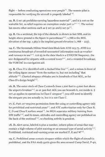 Page 168 of the Part 107 Study Guide — 2026 Edition PDF — Answer key & explanations: flight — before conducting operations over people[7]. The remote pilot is responsible for verifying the aircraft is properly labeled[12]. 12. B. § 107.36…