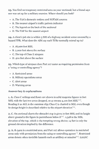 Page 58 of the Part 107 Study Guide — 2026 Edition PDF — Chapter 2 — Airspace Classification and Operating Requirements (ACS Area II): 23. You find no temporary restricted area on your sectional, but a friend says one was set up for a military exercise. Where should you look? A. The FAA’s…