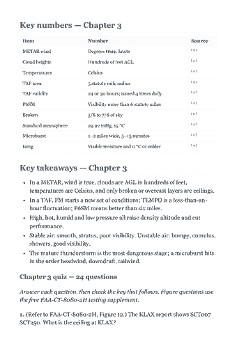 Page 79 of the Part 107 Study Guide — 2026 Edition PDF — Chapter 3 — Weather (ACS Area III): Key numbers — Chapter 3 Item Number Source [15] METAR wind Degrees true, knots [15] Cloud heights Hundreds of feet AGL [15] Temperatures Celsius [15] TAF area…