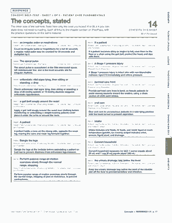 Page 17 of the Patient Care Technician — Cram Sheet (2026) PDF: REFERENCE NUMBERS C O N C E P T S E L F - T E S T · S H E E T 1 O F 5 · PAT I E N T C A R E F U N D A M E N TA L S The concepts, stated The other side of the…