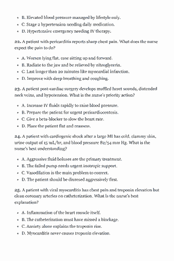 Page 19 of the PCCN Study Guide — 2026 Edition PDF — Chapter 1 — Cardiovascular: B. Elevated blood pressure managed by lifestyle only. C. Stage 2 hypertension needing daily medication. D. Hypertensive emergency needing IV therapy. 22. A…