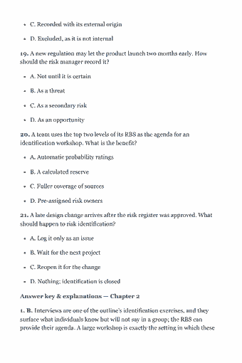 Page 28 of the PMI-RMP Study Guide — 2026 Edition PDF — Chapter 2 — Risk Identification: C. Recorded with its external origin D. Excluded, as it is not internal 19. A new regulation may let the product launch two months early. How should the risk…