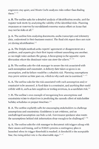 Page 29 of the PMI-RMP Study Guide — 2026 Edition PDF — Chapter 2 — Risk Identification: engineers stay quiet, and Monte Carlo analyzes risks rather than finding them.[1, 6] 2. B. The outline asks for a detailed analysis of identification results,…