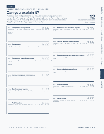 Page 14 of the PTCB Pharmacy Technician — Cram Sheet (2026) PDF: RECALL NUMBERS C O N C E P T S E L F - T E S T · S H E E T 1 O F 7 · M E D I C AT I O N S Can you explain it? These rules carry no figure to blank, and the…