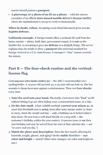 Page 46 of the California RBS — Responsible Beverage Service Study Guide (2026) PDF — Chapter 5 — Checking ID & Detecting Fakes: tourist should present a passport. A photocopy or a photo of an ID on a phone — with the narrow exception of an official state-issued mobile driver’s license…