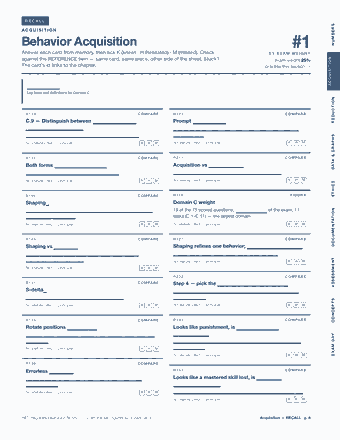 Page 8 of the RBT — Cram Sheet (2026) PDF: RECALL NUMBERS ACQUISITION Behavior Acquisition Answer each card from memory, then tick K (knew) · H (hesitated) · M (missed). Check BY EXAM WEIGHT #1 against…