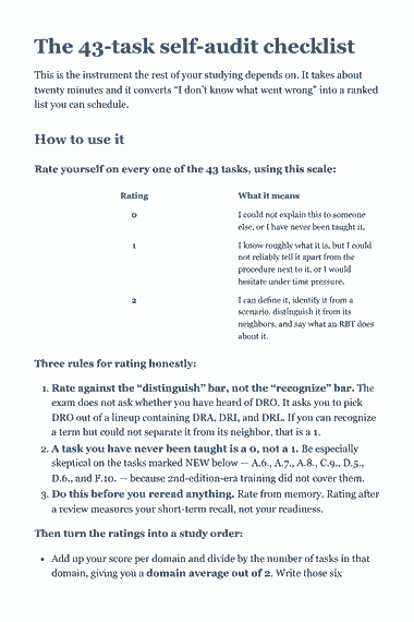Page 132 of the RBT Practice Test Book 2026 — 3rd Edition Outline PDF — Part II — The Retake Toolkit: The 43-task self-audit checklist This is the instrument the rest of your studying depends on. It takes about twenty minutes and it converts “I don’t know what…