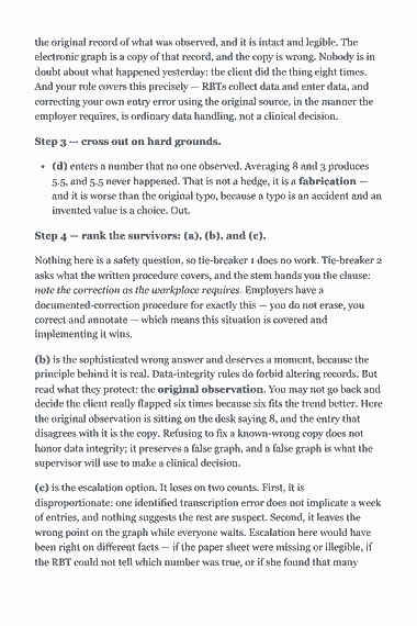 Page 140 of the RBT Practice Test Book 2026 — 3rd Edition Outline PDF — Part II — The Retake Toolkit: the original record of what was observed, and it is intact and legible. The electronic graph is a copy of that record, and the copy is wrong. Nobody is in…