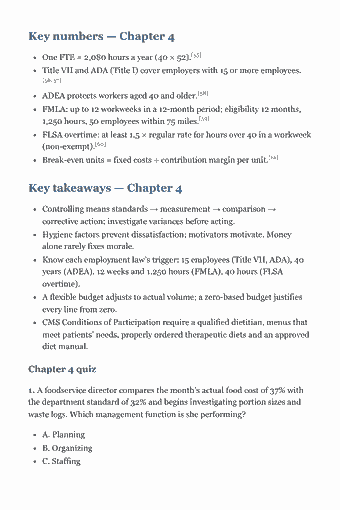 Page 75 of the RD Exam Study Guide — 2026 Edition PDF — Chapter 4 · Domain III — Management of Food and Nutrition Programs and Services (21%): Key numbers — Chapter 4 One FTE = 2,080 hours a year (40 × 52).[55] Title VII and ADA (Title I) cover employers with 15 or more employees. [56, 57] ADEA…