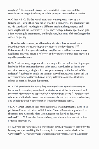 Page 21 of the SPI Study Guide — 2026 Edition PDF — Chapter 1 · Perform Ultrasound Examinations (23%): coupling[6]. Gel does not change the transmitted frequency, cool the transducer, or magnify echoes; its role is purely to remove the air barrier. 6. C. In c =…