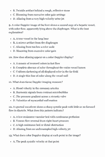 Page 55 of the SPI Study Guide — 2026 Edition PDF — Chapter 4 · Apply Doppler Concepts (34%): B. Twinkle artifact behind a rough, reflective stone C. Blooming from excessive color gain settings D. Aliasing from a very high-velocity urine jet 9. A color…