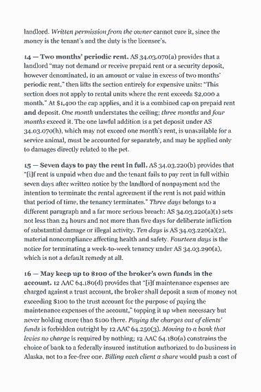 Page 313 of the Alaska Real Estate Broker Exam Study Guide (2026) PDF — Part II — Alaska State Law & Practice: landlord. Written permission from the owner cannot cure it, since the money is the tenant’s and the duty is the licensee’s. 14 — Two months’ periodic rent. AS…