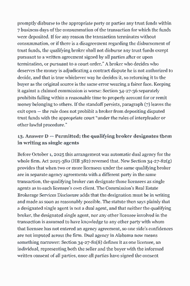 Page 309 of the Alabama Real Estate Broker Exam Study Guide (2026) PDF — Section 40-22-1(c) fixes the recording privilege tax on a conveyance at “$.50: promptly disburse to the appropriate party or parties any trust funds within 7 business days of the consummation of the transaction for which the funds were…