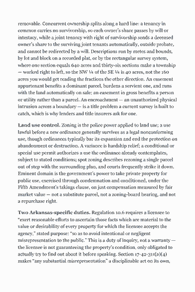 Page 286 of the Arkansas Real Estate Broker Exam Study Guide (2026) PDF — Part II — Arkansas State Law & Practice: removable. Concurrent ownership splits along a hard line: a tenancy in common carries no survivorship, so each owner’s share passes by will or intestacy, while…