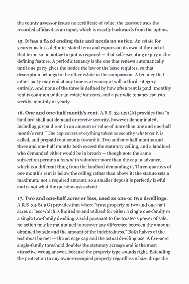 Page 333 of the Arizona Real Estate Broker Exam Study Guide (2026) PDF — Part II — Arizona State Law & Practice: the county assessor issues no certificate of value: the assessor uses the recorded affidavit as an input, which is exactly backwards from the option. 15. It…