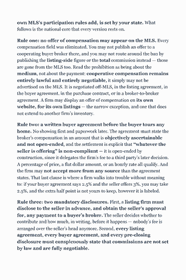 Page 86 of the District of Columbia Real Estate Broker Exam Study Guide (2026) PDF — Part D — Disability: the distinction the exam always tests: own MLS’s participation rules add, is set by your state. What follows is the national core that every version rests on. Rule one: no offer of compensation may…