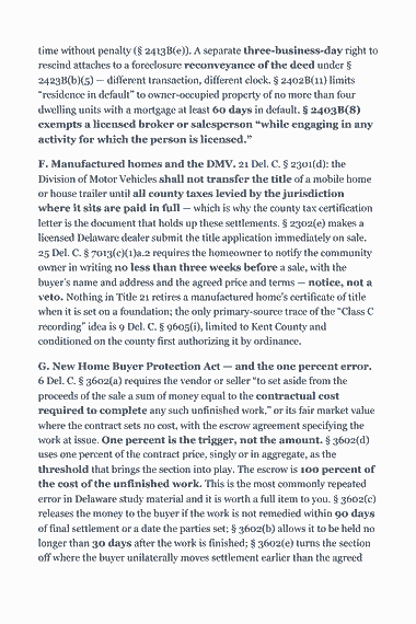 Page 286 of the Delaware Real Estate Broker Exam Study Guide (2026) PDF — Part II — Delaware State Law & Practice: time without penalty (§ 2413B(e)). A separate three-business-day right to rescind attaches to a foreclosure reconveyance of the deed under § 2423B(b)(5) —…