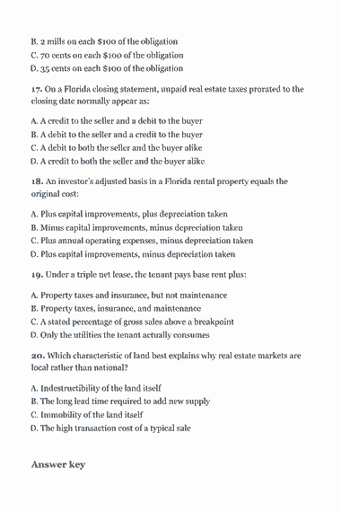 Page 319 of the Florida Real Estate Broker Exam Study Guide (2026) PDF — Part II — Florida State Law & Practice: B. 2 mills on each $100 of the obligation C. 70 cents on each $100 of the obligation D. 35 cents on each $100 of the obligation 17. On a Florida closing…