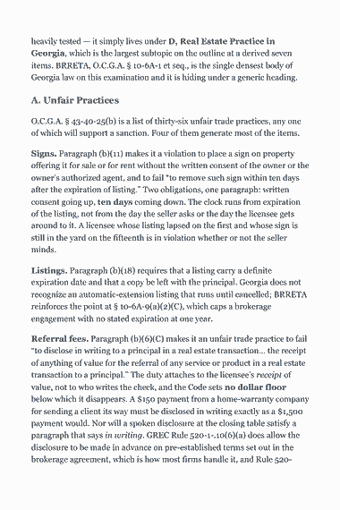 Page 273 of the Georgia Real Estate Broker Exam Study Guide (2026) PDF — Part II — Georgia State Law & Practice: heavily tested — it simply lives under D, Real Estate Practice in Georgia, which is the largest subtopic on the outline at a derived seven items. BRRETA,…