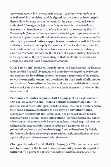 Page 282 of the Hawaii Real Estate Broker Exam Study Guide (2026) PDF — Part II — Hawaii State Law & Practice: agreement, upon which the action is brought, or some memorandum or note thereof, is in writing, and is signed by the party to be charged therewith, or by some…