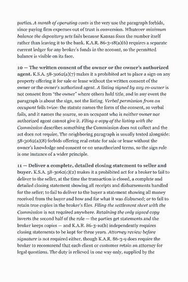Page 305 of the Kansas Real Estate Broker Exam Study Guide (2026) PDF — Part II — Kansas State Law & Practice: parties. A month of operating costs is the very use the paragraph forbids, since paying firm expenses out of trust is conversion. Whatever minimum balance the…