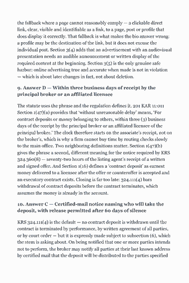 Page 317 of the Kentucky Real Estate Broker Exam Study Guide (2026) PDF — Part II — Kentucky State Law & Practice: the fallback where a page cannot reasonably comply — a clickable direct link, clear, visible and identifiable as a link, to a page, post or profile that does…