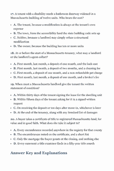 Page 292 of the Massachusetts Real Estate Broker Exam Study Guide (2026) PDF — Part II — Massachusetts State Law & Practice: 17. A tenant with a disability needs a bathroom doorway widened in a Massachusetts building of twelve units. Who bears the cost? A. The tenant, because a…