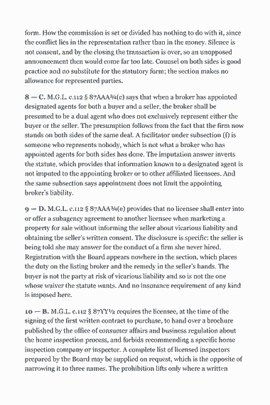 Page 295 of the Massachusetts Real Estate Broker Exam Study Guide (2026) PDF — Part II — Massachusetts State Law & Practice: form. How the commission is set or divided has nothing to do with it, since the conflict lies in the representation rather than in the money. Silence is not…