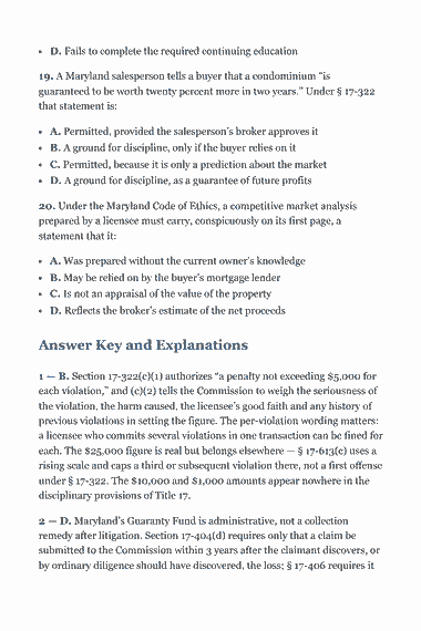 Page 286 of the Maryland Real Estate Broker Exam Study Guide (2026) PDF — Part II — Maryland State Law & Practice: D. Fails to complete the required continuing education 19. A Maryland salesperson tells a buyer that a condominium “is guaranteed to be worth twenty percent…
