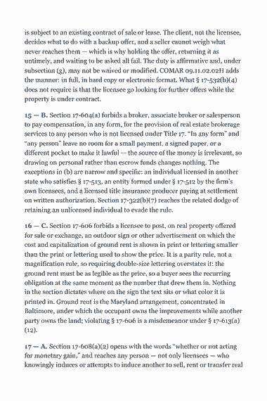 Page 291 of the Maryland Real Estate Broker Exam Study Guide (2026) PDF — Part II — Maryland State Law & Practice: is subject to an existing contract of sale or lease. The client, not the licensee, decides what to do with a backup offer, and a seller cannot weigh what never…