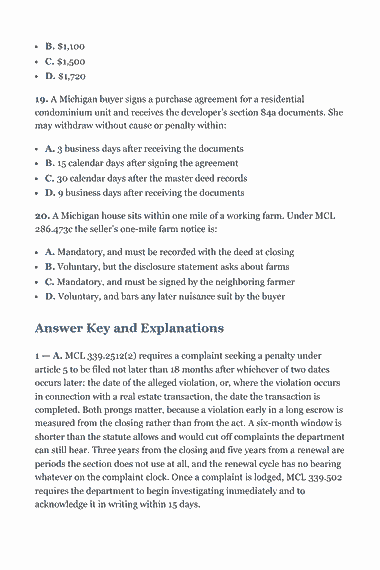 Page 291 of the Michigan Real Estate Broker Exam Study Guide (2026) PDF — Part II — Michigan State Law & Practice: B. $1,100 C. $1,500 D. $1,720 19. A Michigan buyer signs a purchase agreement for a residential condominium unit and receives the developer’s section 84a…
