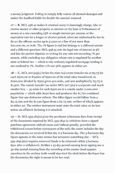 Page 297 of the Michigan Real Estate Broker Exam Study Guide (2026) PDF — Part II — Michigan State Law & Practice: a money judgment. Failing to comply fully waives all claimed damages and makes the landlord liable for double the amount retained. 17 — B. MCL 438.41 makes it…
