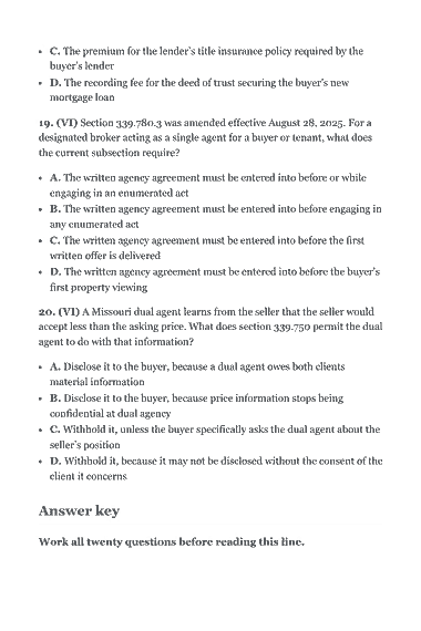 Page 299 of the Missouri Real Estate Broker Exam Study Guide (2026) PDF — Part II — Missouri State Law & Practice: C. The premium for the lender’s title insurance policy required by the buyer’s lender D. The recording fee for the deed of trust securing the buyer’s new…