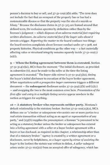 Page 304 of the Montana Real Estate Broker Exam Study Guide (2026) PDF — Answer key: person’s decision to buy or sell, and 37-51-102(1)(b) adds: “The term does not include the fact that an occupant of the property has or has had a communicable…