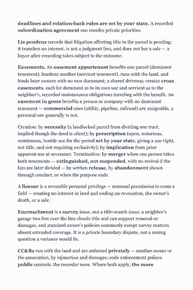 Page 102 of the Nebraska Real Estate Broker Exam Study Guide (2026) PDF — Part C — Encumbrances a broker must read off a title report: deadlines and relation-back rules are set by your state. A recorded subordination agreement can reorder private priorities. Lis pendens records that litigation…