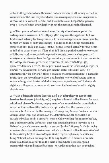 Page 317 of the Nebraska Real Estate Broker Exam Study Guide (2026) PDF — Part II — Nebraska State Law & Practice: order to the greater of one thousand dollars per day or all money earned as commission. The fine may stand alone or accompany censure, suspension, revocation…