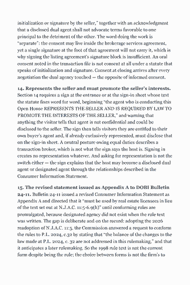 Page 301 of the New Jersey Real Estate Broker Exam Study Guide (2026) PDF — Part II — New Jersey State Law & Practice: initialization or signature by the seller,” together with an acknowledgment that a disclosed dual agent shall not advocate terms favorable to one principal to…