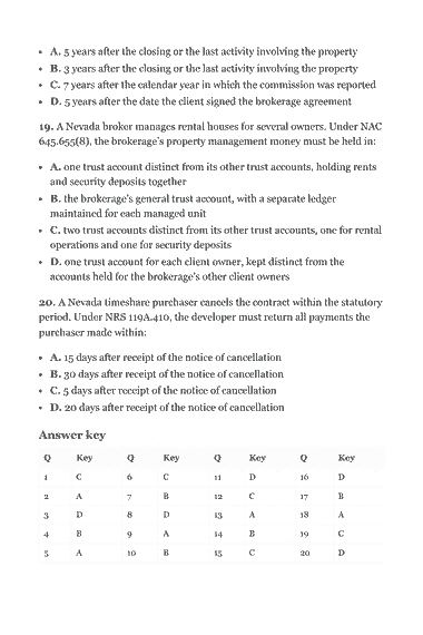 Page 306 of the Nevada Real Estate Broker Exam Study Guide (2026) PDF — Part II — Nevada State Law & Practice: A. 5 years after the closing or the last activity involving the property B. 3 years after the closing or the last activity involving the property C. 7 years…