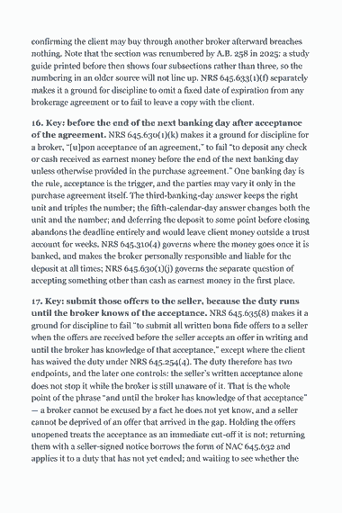 Page 315 of the Nevada Real Estate Broker Exam Study Guide (2026) PDF — Part II — Nevada State Law & Practice: confirming the client may buy through another broker afterward breaches nothing. Note that the section was renumbered by A.B. 258 in 2025: a study guide…