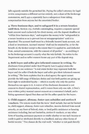Page 313 of the New York Real Estate Broker Exam Study Guide (2026) PDF — Section 7-108 governs non-rent-stabilized units specifically, and it is: falls squarely outside the permitted list. Paying the seller’s attorney for legal review compensates a different service entirely, not a share of the brokerage…