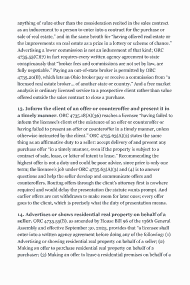 Page 300 of the Ohio Real Estate Broker Exam Study Guide (2026) PDF — Part II — Ohio State Law & Practice: anything of value other than the consideration recited in the sales contract as an inducement to a person to enter into a contract for the purchase or sale of…