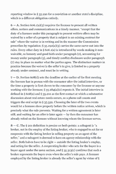 Page 289 of the Pennsylvania Real Estate Broker Exam Study Guide (2026) PDF — Part II — Pennsylvania State Law & Practice: reporting window in § 35.290 for a conviction or another state’s discipline, which is a different obligation entirely. 6 — A. Section 606.1(a)(3) requires the…