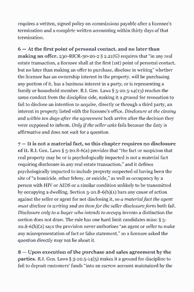 Page 316 of the Rhode Island Real Estate Broker Exam Study Guide (2026) PDF — Chapter 5-20.8 was amended to add a shoreline-access disclosure; §§: requires a written, signed policy on commissions payable after a licensee’s termination and a complete written accounting within thirty days of that…