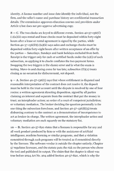 Page 293 of the South Carolina Real Estate Broker Exam Study Guide (2026) PDF — Section 40-57-370(D) allows electronic delivery of the acknowledgment: identity. A license number and issue date identify the individual, not the firm, and the seller’s name and purchase history are confidential transaction…