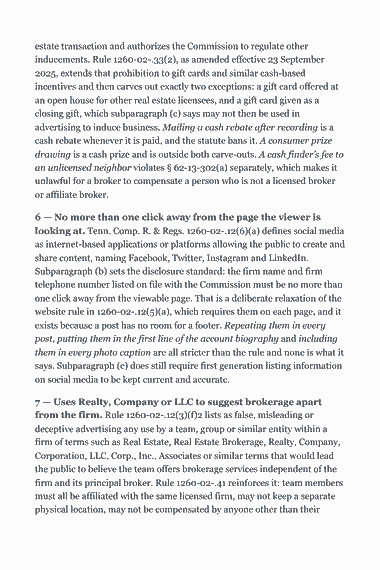 Page 315 of the Tennessee Real Estate Broker Exam Study Guide (2026) PDF — Section 62-13-402 makes an engaged licensee a limited agent: estate transaction and authorizes the Commission to regulate other inducements. Rule 1260-02-.33(2), as amended effective 23 September 2025, extends that…