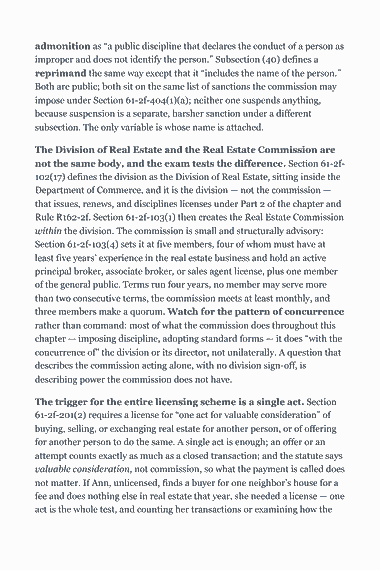 Page 272 of the Utah Real Estate Broker Exam Study Guide (2026) PDF — Part II — Utah State Law & Practice: admonition as “a public discipline that declares the conduct of a person as improper and does not identify the person.” Subsection (40) defines a reprimand the…