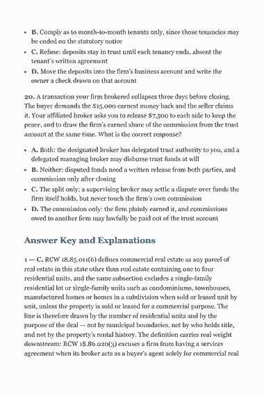 Page 292 of the Washington Real Estate Broker Exam Study Guide (2026) PDF — Part II — Washington State Law & Practice: B. Comply as to month-to-month tenants only, since those tenancies may be ended on the statutory notice C. Refuse: deposits stay in trust until each tenancy…